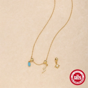Gold S925 sterling silver lightning bolt and star zircon charm necklace for women