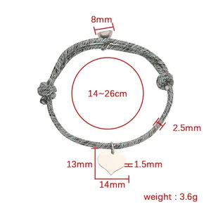 Adjustable magnetic heart couple bracelets, Milan rope style, circumference 14-26cm