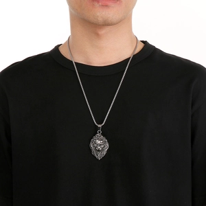 Men's punk lion head pendant necklace in silver stainless steel with box chain