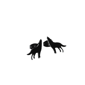 Minimalist black howling wolf silhouette stud earrings for women in matte finish