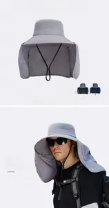 Detail of grey sun hat showing breathable mesh, neck flap and adjustable chin strap