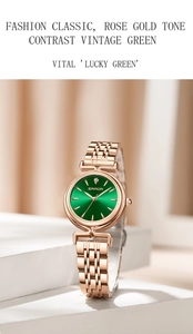 Detail of rose gold watch featuring a vintage green dial and chain strap on a white stand