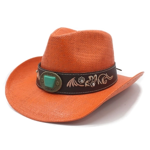 Chapeau de cowboy paille orange vif avec broderie florale et détail de pierre verte