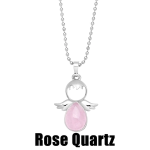 Detail of silver angel pendant necklace featuring rose quartz stone and ball chain