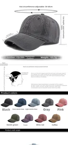 Detailed size specifications for washed cotton baseball cap with adjustable metal strap