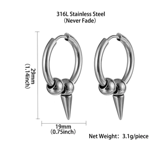Detailed view of 316L stainless steel earrings with dimensions and weight info