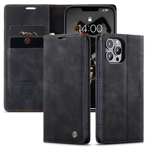 Detail view of black vintage leather flip case with card slots and orange stitching