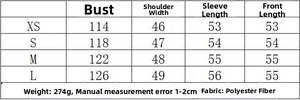 Size chart for cropped fashion jacket detailing bust, shoulder, and length measurements