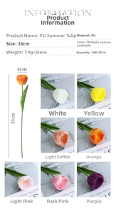 Detailed size specifications and color comparison of PU mini tulips in seven vivid shades