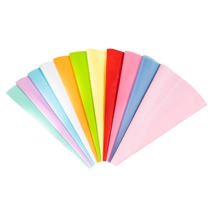 Set of 10 colorful silicone pastry bags for cake decorating arranged in a fan shape