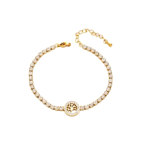 Elegant gold titanium steel bracelet with Tree of Life pendant and sparkling zircon stones