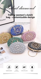 Detailed display of rhinestone clutch bags in blue, pink, gold, green, silver and black