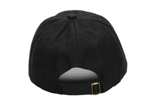 Detail view of the black cotton baseball cap showing adjustable strap and metal buckle