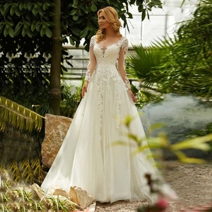 Elegante Abito Da Sposa In Pizzo A Maniche Lunghe Con Scollo A V Linea A Abito Da Matrimonio Con Strascico Donna Bianco