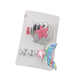 Kids mermaid shell hair clips set with pink star and pearls on white card