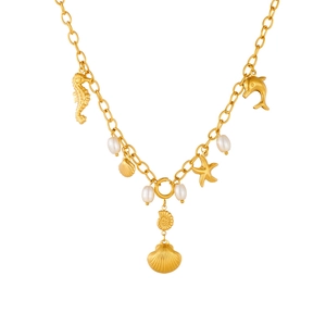 Gold stainless steel necklace with seahorse, shell, and starfish charms with pearls
