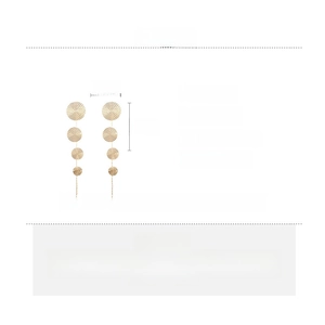 Detailed size chart of long gold drop earrings with textured circular metal discs