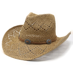Classic straw cowboy hat with wide brim and vintage metal buckles on a brown leather band