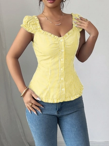 Detail of yellow striped square neck top with front buttons and peplum hem design