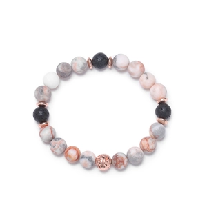 Armband aus rosa Zebra-Stein und schwarzer Lava mit roségoldenen Metall-Hohlperlen