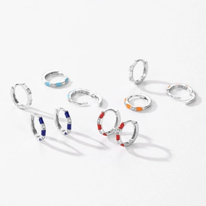 Polished S925 sterling silver hoop earrings with colorful enamel and zircon stones