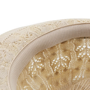 Macro view of woven straw hat interior featuring breathable hollow knit and sweatband