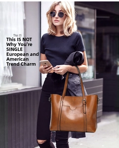 Detailed view of caramel brown faux leather tote bag with stylish vertical straps and hardware