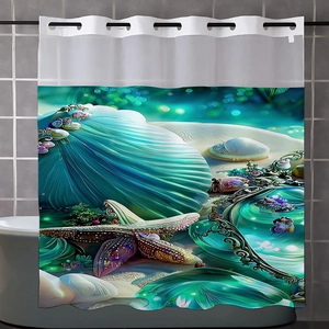 Detail of teal oceanic print shower curtain with bioluminescent shell and sea stars