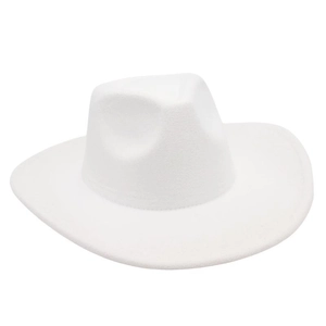 Detail shot of wide-brimmed white felt fedora hat showing fine stitching and classic crown shape