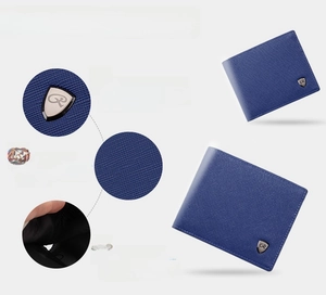 Detail view of navy blue wallet with Saffiano texture and silver shield logo