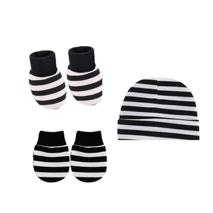 Newborn baby 3-piece set with black and white striped hat, mittens, and socks