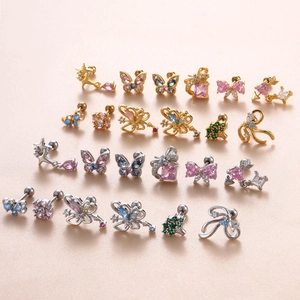 Colorful zircon bow and butterfly cartilage stud earrings in gold and silver finish