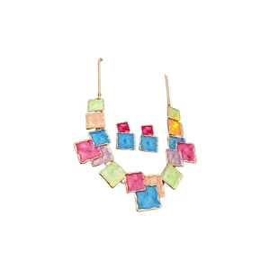 Colorful square enamel jewelry set with gold necklace and matching stud earrings for women
