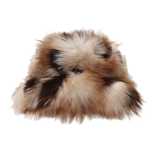 Stylish fluffy faux fur bucket hat with long brown and tan hair for winter warmth