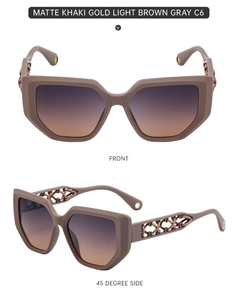 Detailed front and side views of matte khaki gold cat eye sunglasses with hollow temples