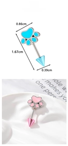 Detailed view of cat paw piercing stud with blue pink enamel and dimension measurements
