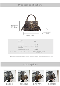 Size guide for leopard print crossbody bag showing 22x13.5x7cm dimensions and weight