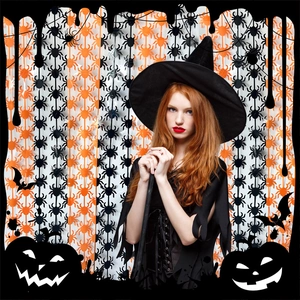 Red-haired model in witch costume with broom against spider foil fringe curtain background