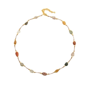 Multilayer tiger eye stone beaded necklace with vintage agate pendant and gold clasp