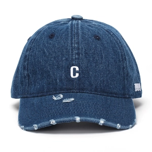 Vintage blue denim baseball cap with letter C embroidery and distressed brim detail