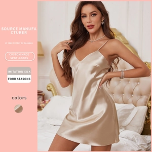 Women Satin Nightdress Sexy V-Neck Spaghetti Straps Sleepwear Imitation Satin Elegant Loungewear Sleeveless Backless