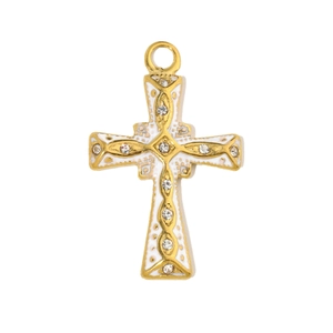 Detailed view of a gold-plated stainless steel cross pendant with white enamel and crystals
