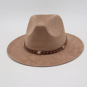 Detail view of brown felt fedora hat featuring a leather band with silver star studs