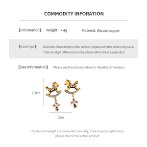 Detailed size specifications for zircon rocking horse earrings with dimensions and weight