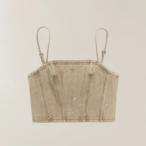 Distressed khaki denim crop top vest with paint splatter and cross embroidery detail