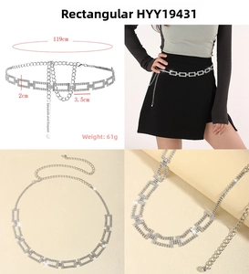 Dettaglio della catena da corpo rettangolare con strass e finitura in argento da 119cm