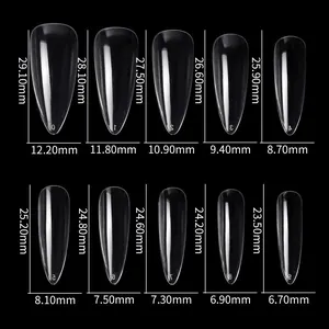 Detailed size chart for ballerina fake nail tips showing precise width and length in mm