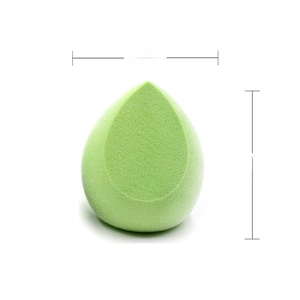 Detail view of 55mm height teardrop-shaped makeup sponge in light green with size markings