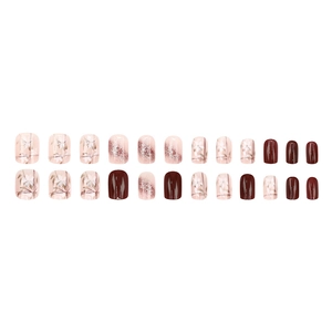 24pcs floral glitter press-on nails set with pink flower and burgundy polish designs
