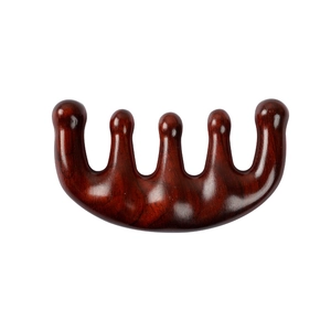Green sandalwood 5-tooth scalp massage comb with natural wood grain on white background